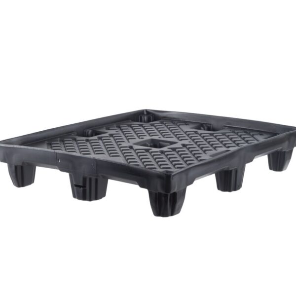 Black plastic pallet on a white background.