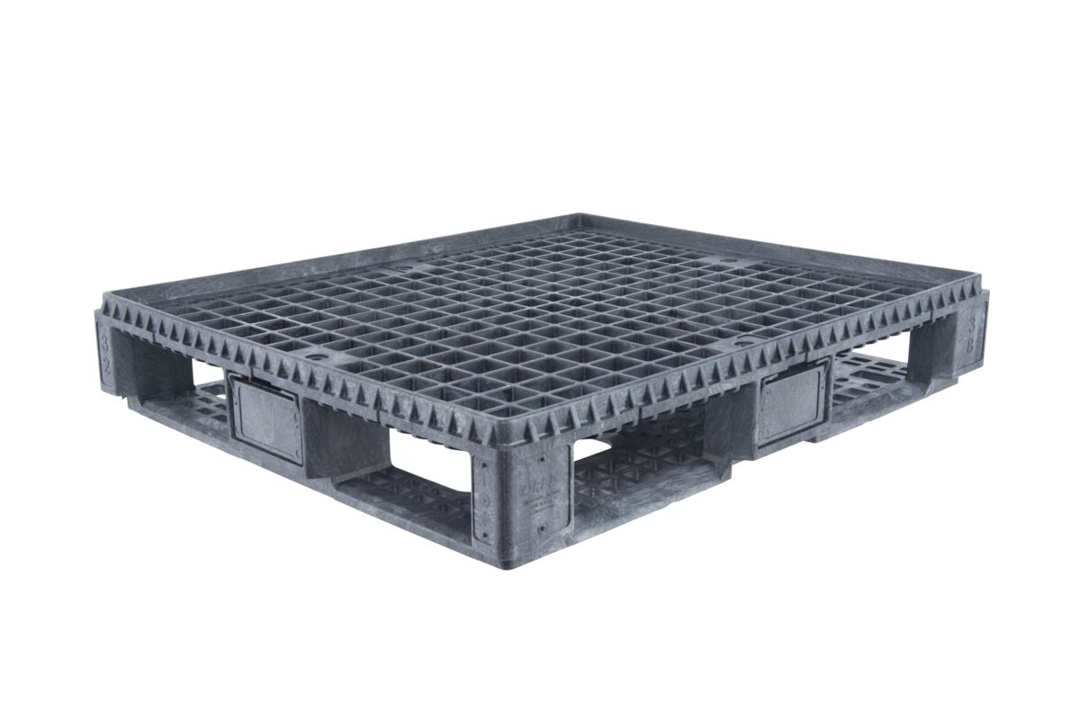 A grey plastic pallet on a white background.