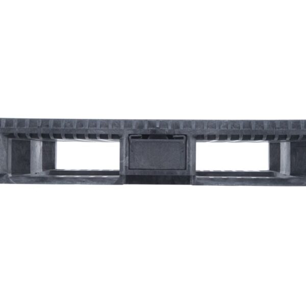 A black plastic pallet for a plastic container.