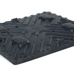 A picture of a black plastic pallet on a white backdrop.