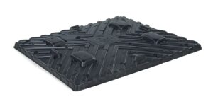 A picture of a black plastic pallet on a white backdrop.