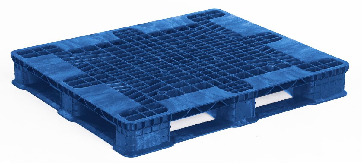 A blue plastic pallet on a white background.