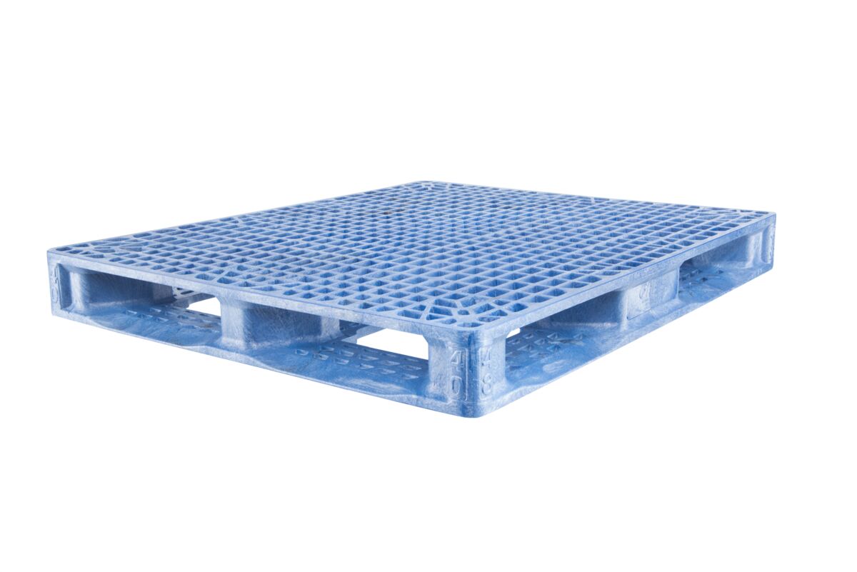 A blue plastic pallet on a white background.