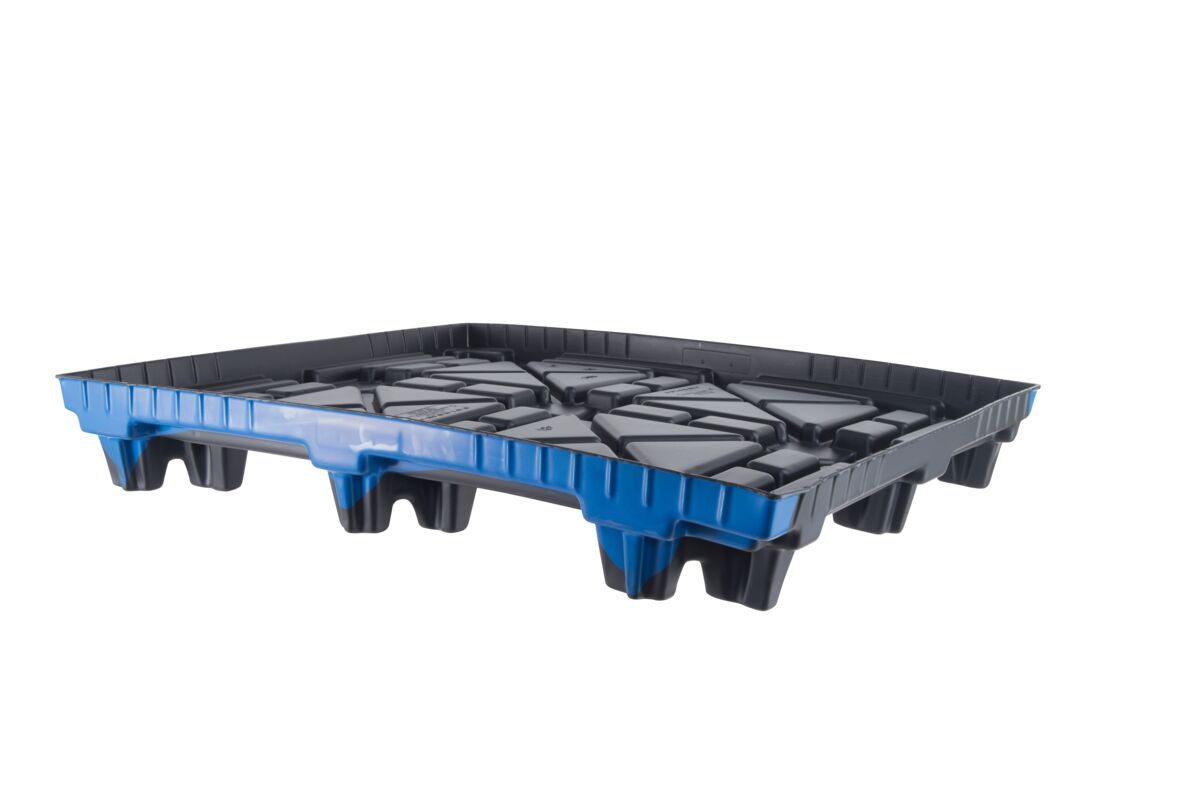 This plastic pallet is blue and black with four legs.