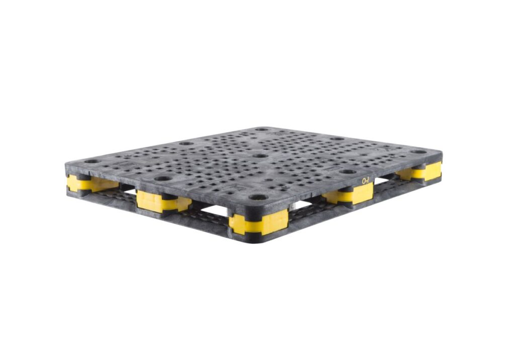 A black and yellow plastic pallet on a white background.