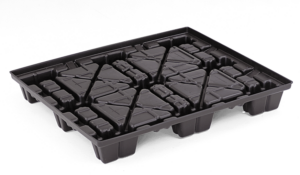 A black plastic pallet, named 40 x 48 CISS LP .300GA, measuring 40 x 48, designed with multiple compartments and geometric patterns.