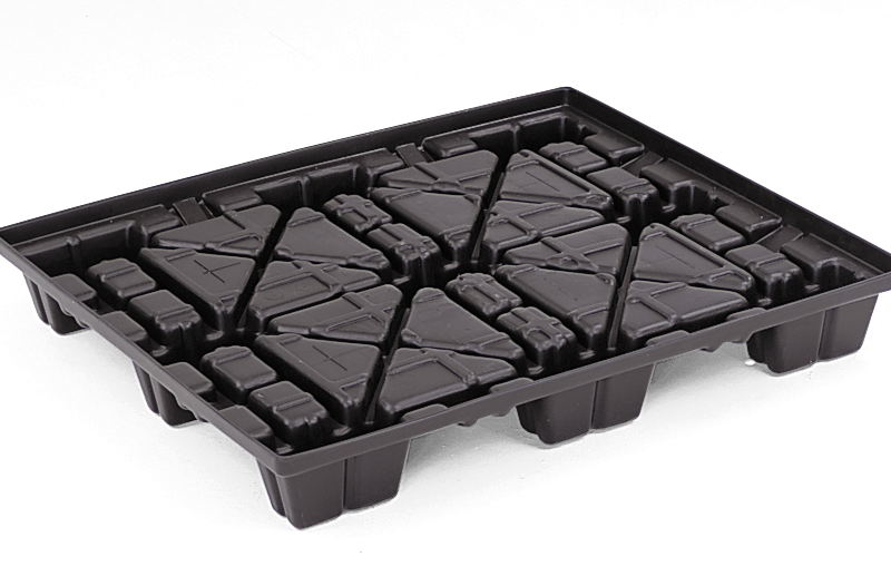 A black plastic pallet, named 40 x 48 CISS LP .300GA, measuring 40 x 48, designed with multiple compartments and geometric patterns.