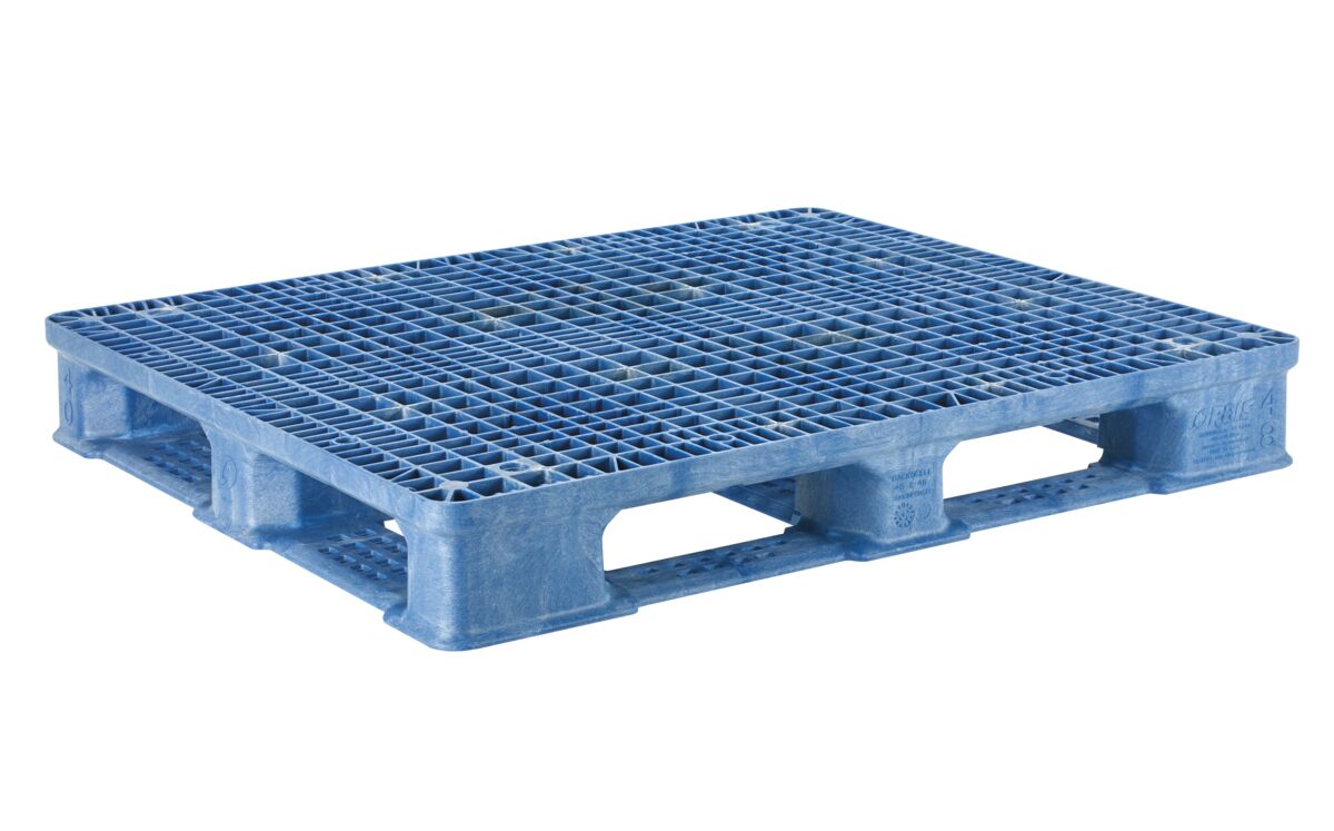 A blue plastic pallet against a white background.