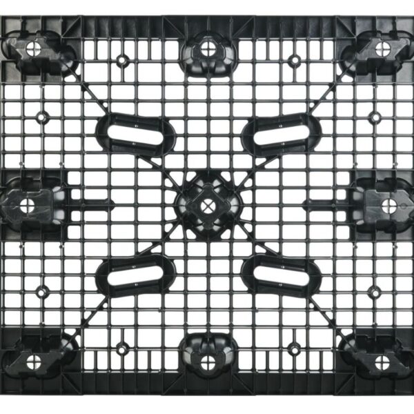 The 40 x 48 XP Economy is a square black plastic shipping pallet that features a grid pattern and circular reinforcements.