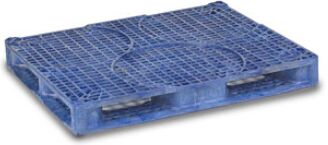 A blue plastic pallet sits on a white background.