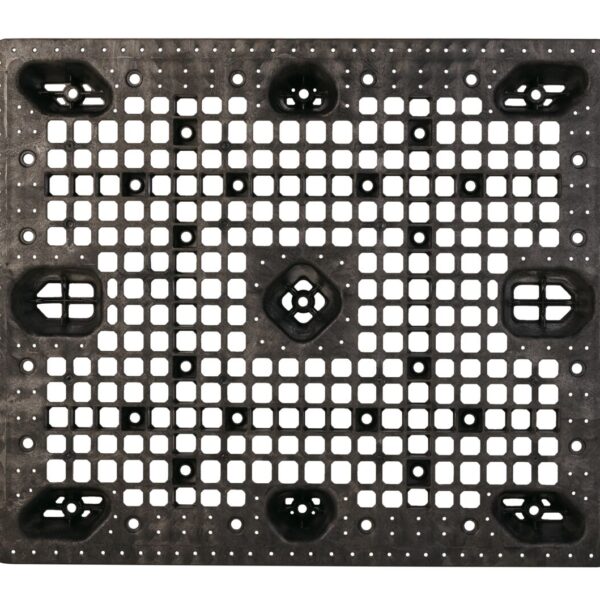 A black plastic grid with holes, resembling a plastic pallet.