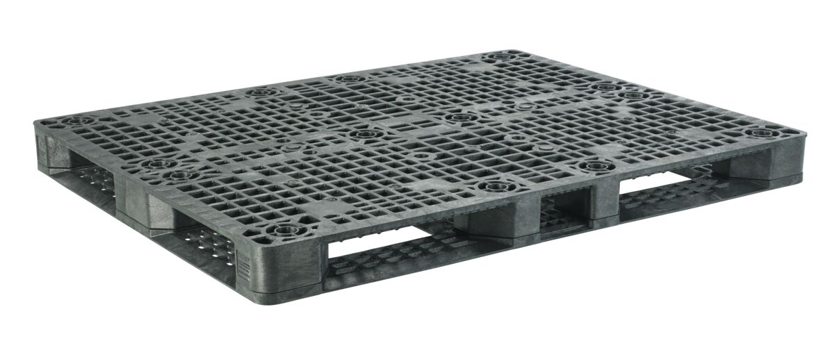 A black plastic pallet on a white background.