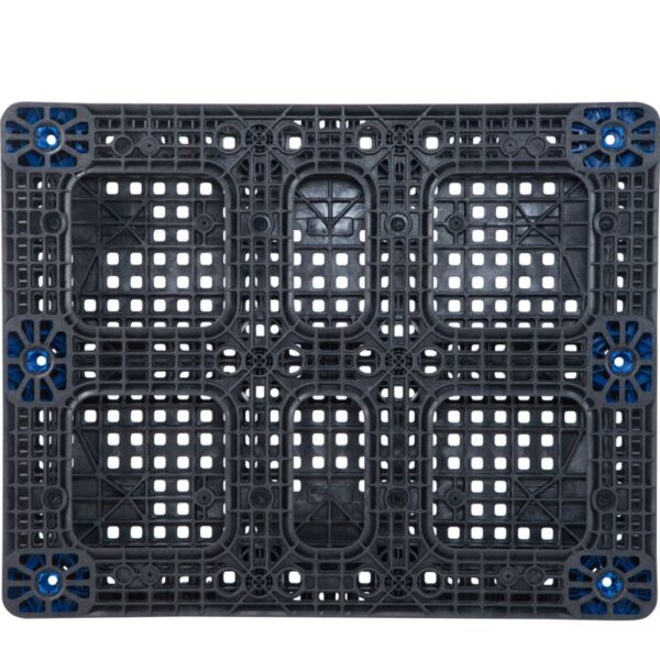 A black plastic modular 44 x 56 BulkPal crate with a grid-like pattern and blue connectors, viewed from the front, isolated on a white background.