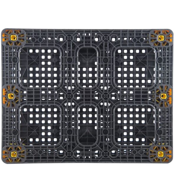 Bottom view of a black and yellow plastic 44 x 56 BulkPal with 3.0" connectors