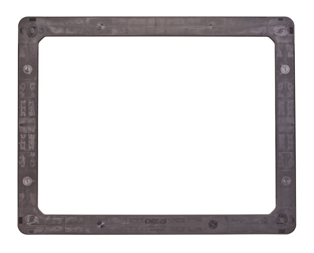 A black plastic square frame on a white background.