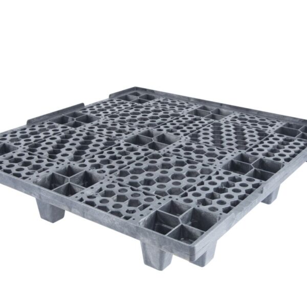 This plastic pallet is grey and has holes in it.