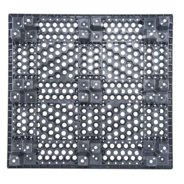 A black plastic tray with holes, similar to a plastic pallet.