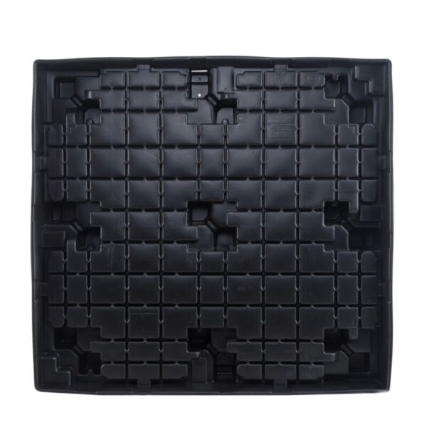 A black plastic pallet on a white background.