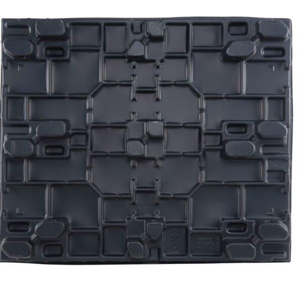 A black plastic pallet with multiple squares.