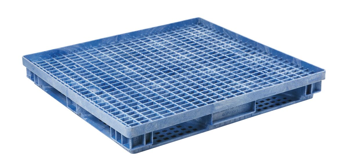 A blue plastic pallet on a white background.