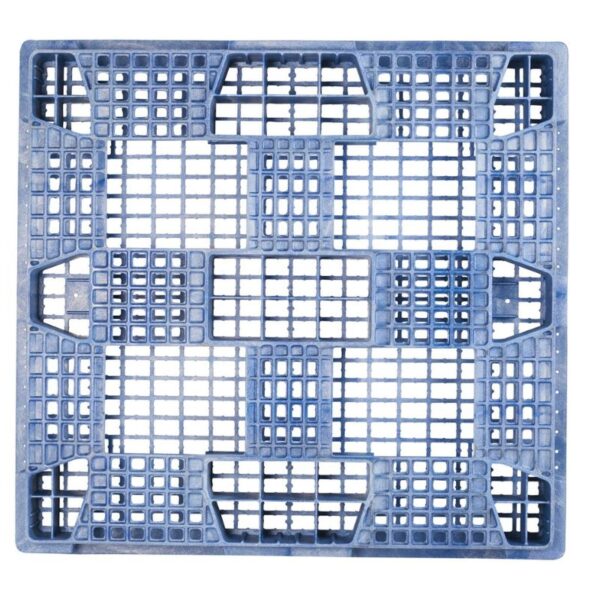 Top view of the 45 x 48 HDPT blue plastic pallet, showcasing its grid pattern and reinforced edges against a white background.