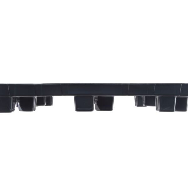 A black plastic pallet on a white background is shown.