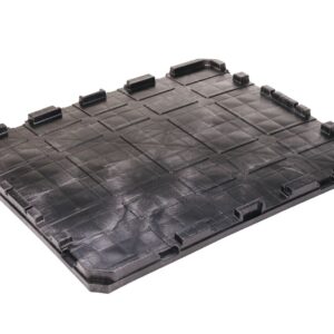 A black plastic pallet on a white background.