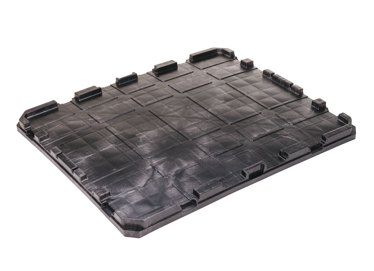 A black plastic pallet on a white background.