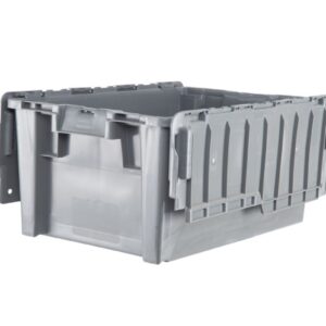 The GA6040-27 is a gray plastic storage tote bin with a hinged lid, shown open and empty against a white background.