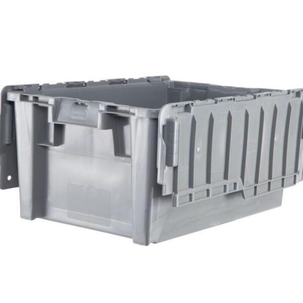 The GA6040-27 is a gray plastic storage tote bin with a hinged lid, shown open and empty against a white background.