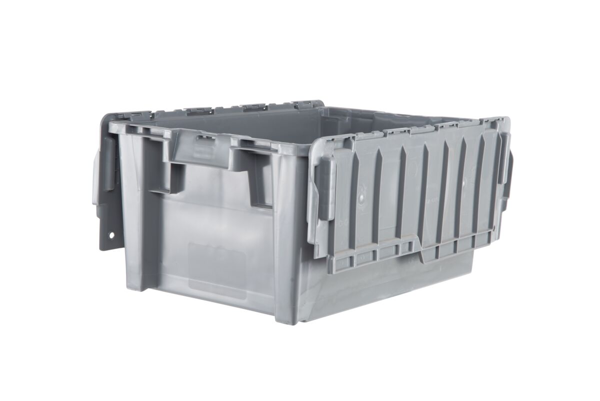 The GA6040-27 is a gray plastic storage tote bin with a hinged lid, shown open and empty against a white background.