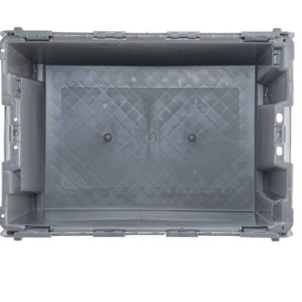 A top-down view of the GA6040-27, an empty gray plastic storage bin featuring a textured bottom and reinforced sides.