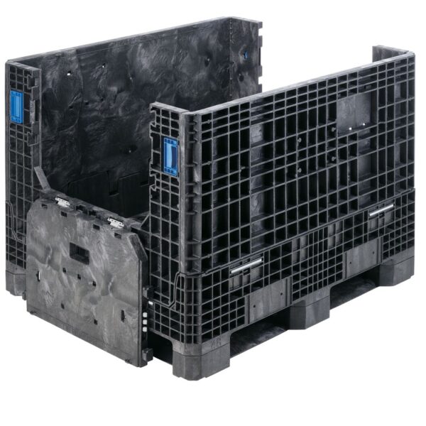 The GP4048-34 is a large, black, foldable plastic bulk storage container with grid-patterned sides, shown partially collapsed on a white background.