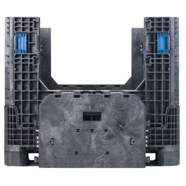 The GP4048-34 is a black industrial plastic pallet featuring a fork-access opening and two blue locking mechanisms on the upper left and right sides.