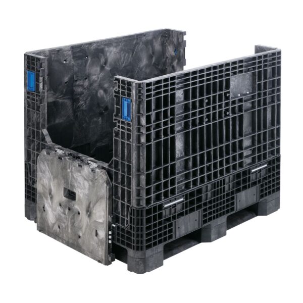 The GP4048-39 is a large, black heavy-duty plastic bulk storage container with a fold-down side panel, designed for industrial use.