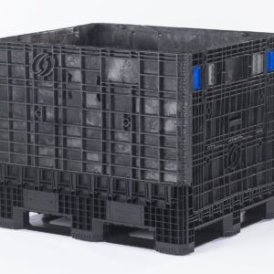 A collapsible black plastic crate on a white background.