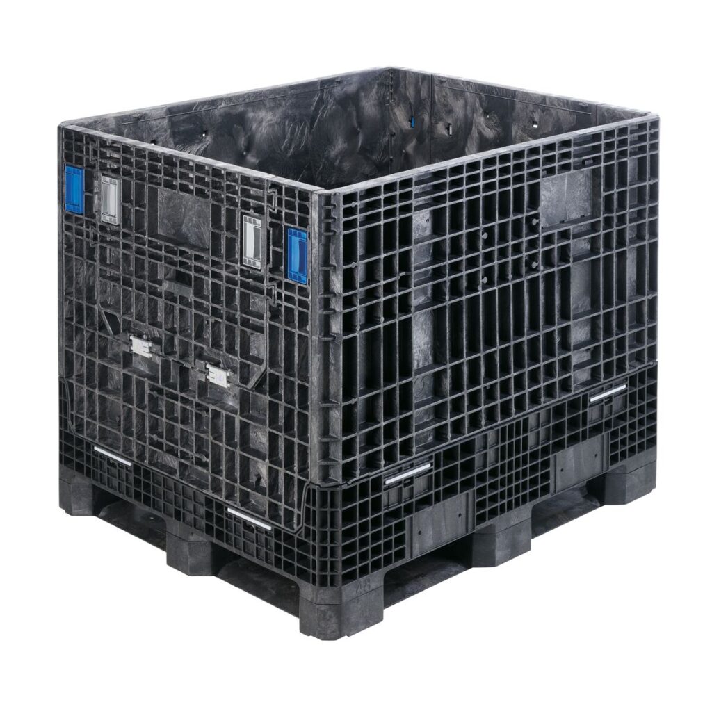 The GP4048-39 is a large black plastic pallet box with grid-pattern sides and blue ID panels, designed for industrial storage and transport, shown on a white background.