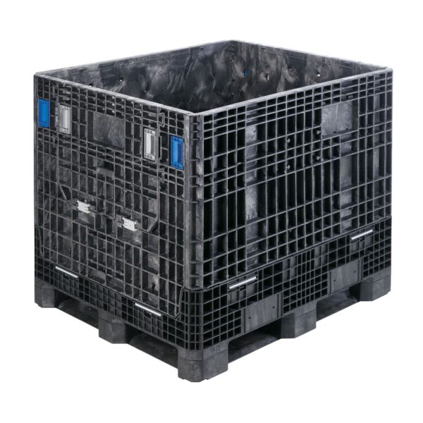 The GP4048-39 is a large black plastic pallet box with grid-pattern sides and blue ID panels, designed for industrial storage and transport, shown on a white background.