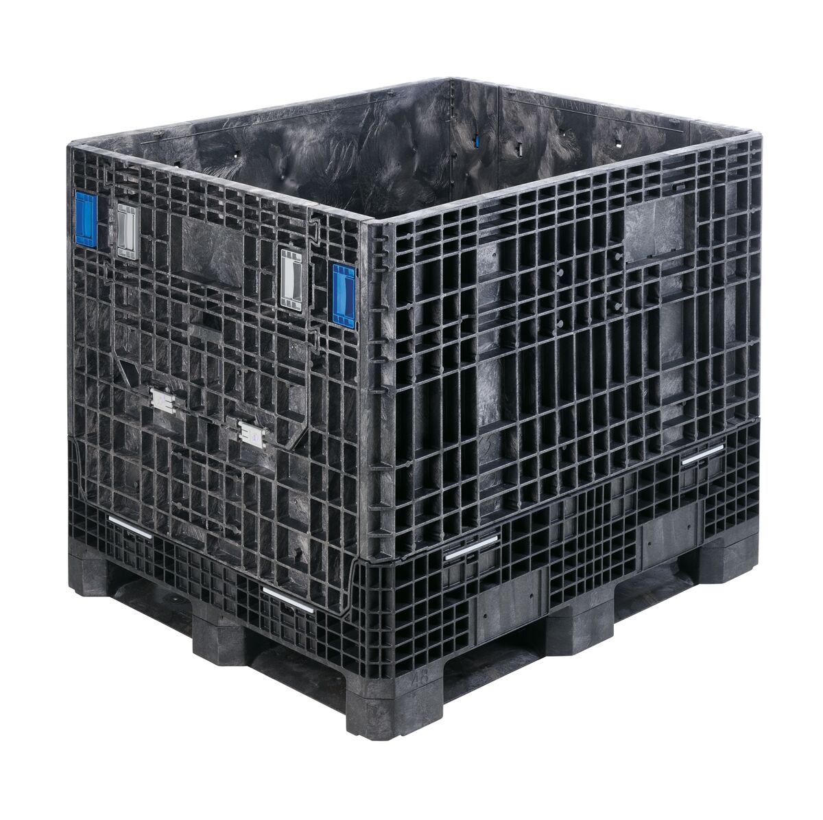 The GP4048-39 is a large black plastic pallet box with grid-pattern sides and blue ID panels, designed for industrial storage and transport, shown on a white background.