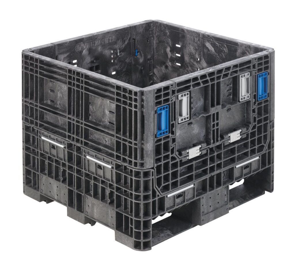 The HDR3230-25 is a large black industrial plastic storage crate with blue handles and reinforced sides, ideal for heavy-duty shipping or storage.