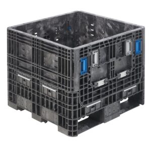 The HDR3230-25 is a large black industrial plastic storage crate with blue handles and reinforced sides, ideal for heavy-duty shipping or storage.