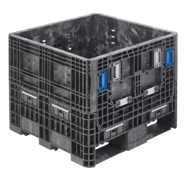 The HDR3230-25 is a large black industrial plastic bulk container with blue handles and reinforced sides, ideal for heavy-duty shipping or storage.