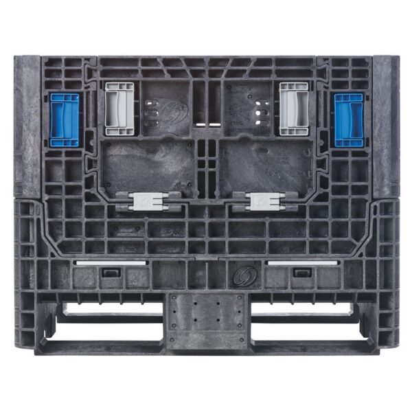 The HDR3230-25 is a black industrial plastic pallet featuring a grid pattern, blue and gray locking mechanisms, and multiple slots and openings visible from the front.