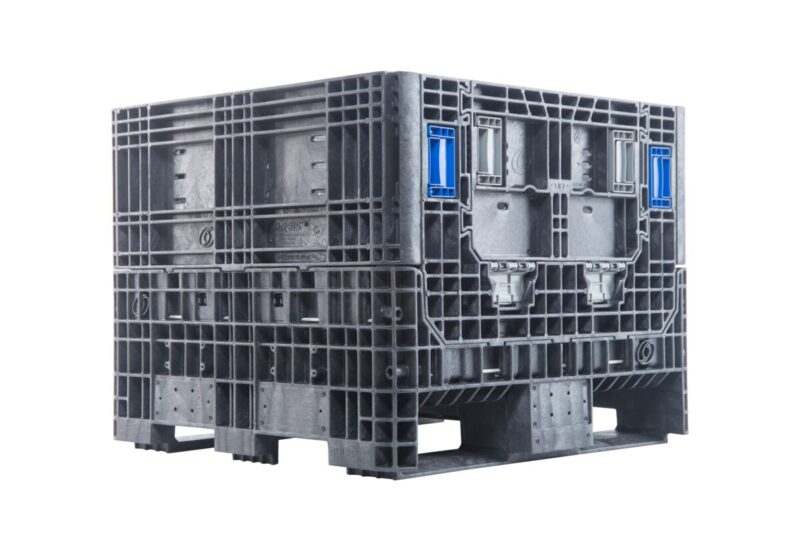A collapsible bulk bin with blue handles on it.