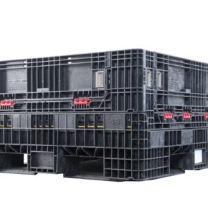 HDR5648-25 large black industrial plastic shipping containers are stacked together on a white background.