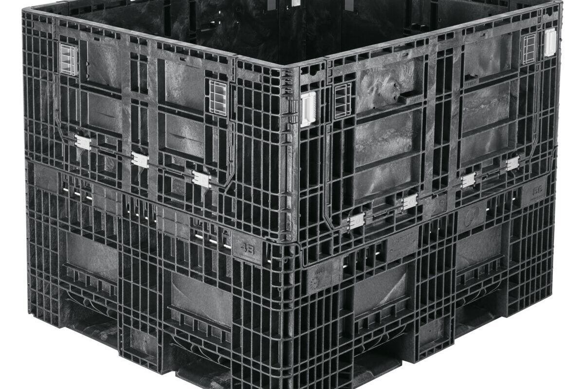 A collapsible black plastic crate on a white background.