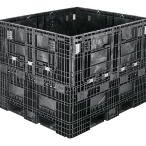 A collapsible black plastic crate on a white background.