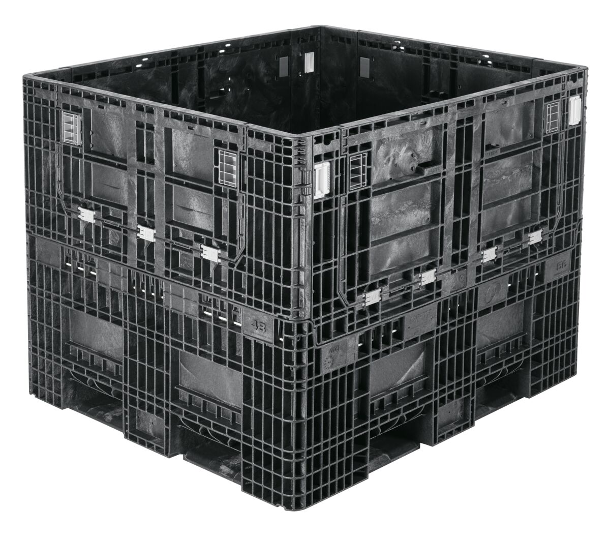 A collapsible black plastic crate on a white background.