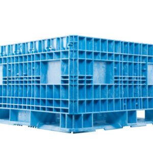 A collapsible blue plastic bulk bin