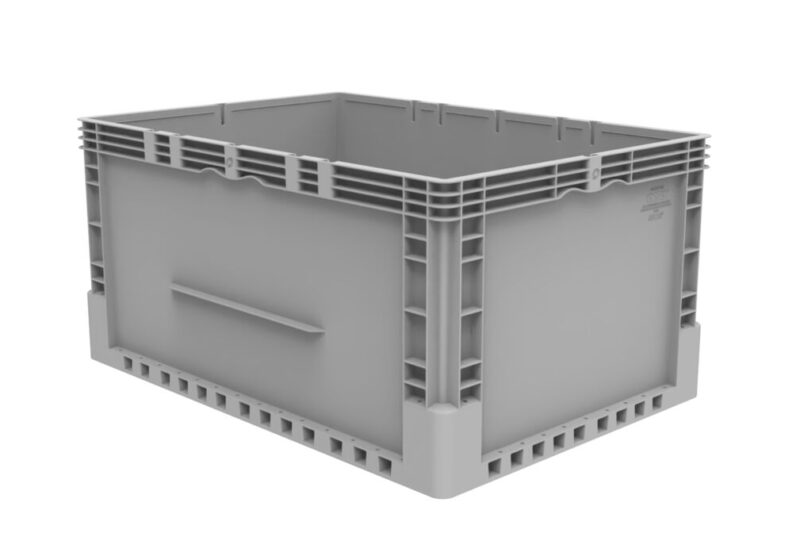The ML6545-325 is a grey, rectangular plastic storage crate with a vented base and reinforced corners, shown at an angle against a white background.